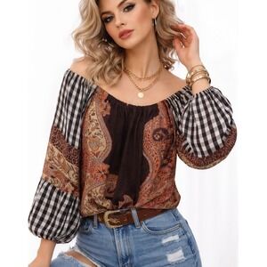 Avani Boho Paisley Gingham Mixed Pattern Peasant Blouse Brown Balloon Sleeve